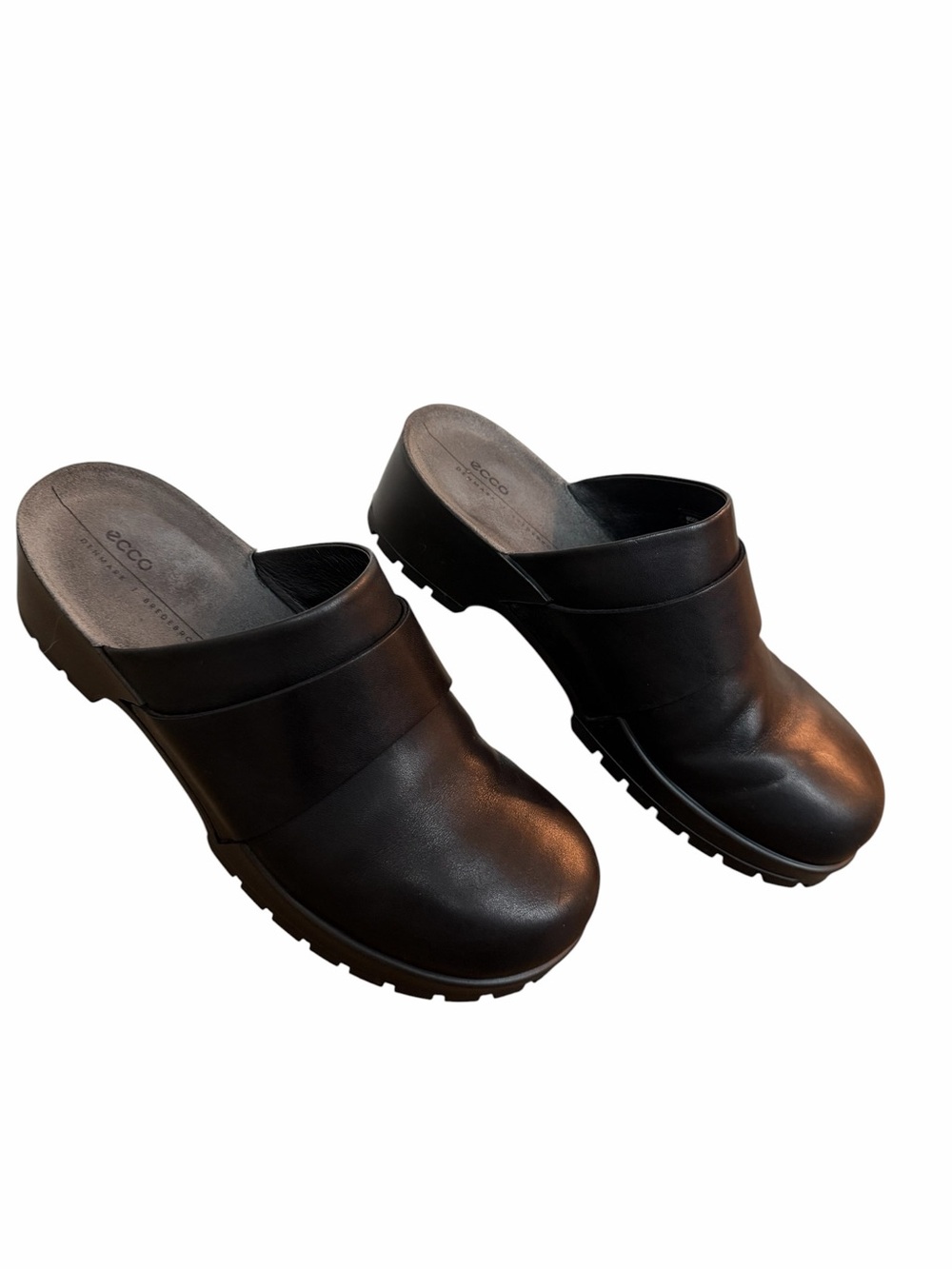 ECCO Comfort Clogs‎ Womens 38 Black Leather Platform Mule Slide Chunky Lug Sole